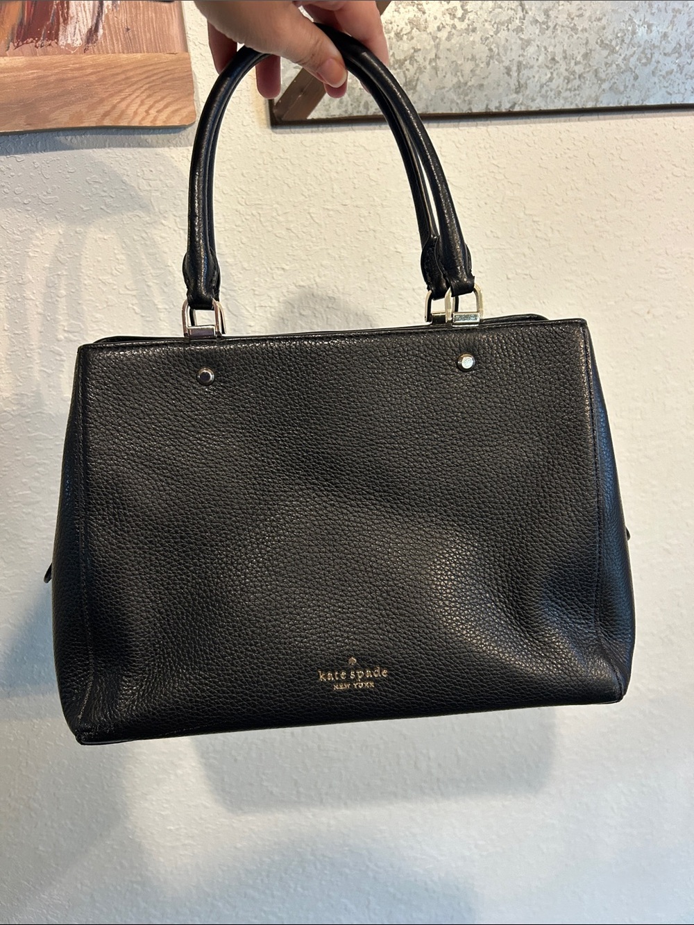 kate spade Leila Black Pebbled Leather Satchel with Gold Logo Triple Compartment
